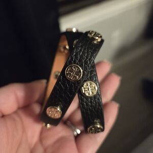 Tory Burch Black and Gold Leather Bracelet